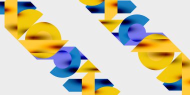 Soyut geometrik bileşim. Üst üste binen şekiller, üçgenler, dikdörtgen hareketli görsel efektler. Renkler arasında açık gri arkaplanda sarı, mavi ve mor renkler yer alıyor. Modern tasarım.