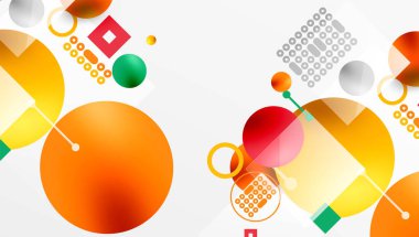 Soyut geometrik bileşim. Çemberler, kareler, noktalar dinamik bir görsel düzen yaratır. Sıcak renkler baskın, ince eğimler, temiz çizgiler, modern estetik.