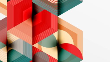 Soyut geometrik bileşim. Üst üste binen altıgenler, çizgiler dinamik görsel efekt yaratır. Sıcak, serin renkler harmanlanır, modern tasarım oluşturulur. Minimalist estetik.