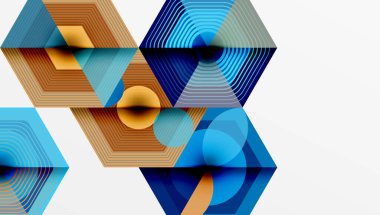 Soyut geometrik bileşim. Altıgenler, daireler üst üste binerek katmanlı etki yaratır. Sıcak, serin renkler harmanlanır, modern tasarım oluşturulur. Çizgiler hareketi, derinliği gösteriyor..