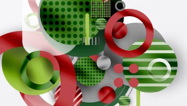 Üst üste binen daireler, çizgiler, noktalar içeren soyut bir kompozisyon. Tasarıma yeşil, kırmızı, gri renkler hakim. Modern estetik, temiz çizgiler, dinamik düzenleme.