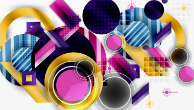 Üst üste binen daireler, kareler, dikdörtgenler içeren soyut bir kompozisyon. Canlı renkli altın, mor, mavi, pembe dinamik görsel doku. Modern geometrik tasarım.