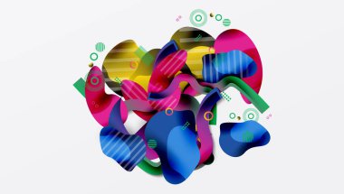 Canlı örtüşen şekiller içeren soyut bir kompozisyon. Kalın renkler, dinamik kıvrımlar, oyuncu kalıplar enerjik görsel deneyimler yaratır. Modern tasarım elementleri baskın.