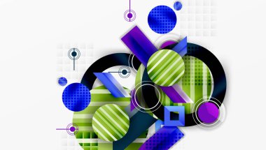 Soyut geometrik bileşim. Çemberler, kareler, dikdörtgenler dinamik görsel efekt oluşturur. Mavi, yeşil, mor baskın palet. Modern tasarım elemanları.