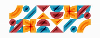 Geometrik şekiller kusursuz deseni tekrar eder. Turuncu, kırmızı, mavi renkler modern estetik oluşturuyor. Minimalist tasarım retro titreşimleri çağrıştırıyor, temiz çizgiler kompozisyona hakim oluyor.