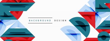 Soyut geometrik tasarım üst üste binen üçgenler, dikdörtgenler. Kırmızı, deniz mavisi, açık mavi renkler beyaz zeminde dinamik görsel kontrastlar yaratır. Minimalist stil.