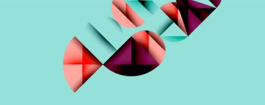 Soyut geometrik şekiller örtüşür, dinamik bileşim yaratır. Yumuşak deniz mavisi arkaplanı sıcak kırmızı ve mor renkleri tamamlar. Modern tasarım hareketi çağrıştırıyor, derinliği.