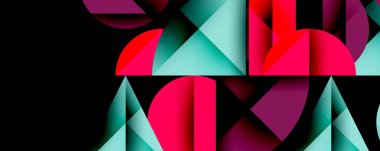 Soyut geometrik bileşim. Şekiller örtüşüyor, canlı desenler yaratıyor. Renkler arasında pembeler, morlar ve siyah arkaplan var. Modern tasarım estetik.