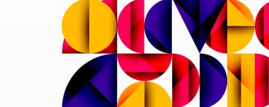 Soyut geometrik bileşim. Üst üste binen renkli yarı daireler, daireler dinamik desenler oluşturur. Beyaz arka planda parlak renklerin karşıtlığı. Modern tasarım ögesi.