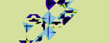 Soyut geometrik şekiller örtüşür, dinamik bileşim yaratır. Mavi, mor renkler, soluk sarı arkaplan. Keskin açılar, parçalanmış biçimler hareket ve derinlik olduğunu gösteriyor. Modern tasarım.