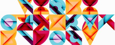 Soyut geometrik desen. Renkli şekil açıları, daireler, kare kilitler dinamik bileşim oluşturuyor. Canlı renkler modern estetik sunar. Minimalist tasarım.