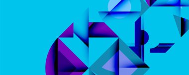 Soyut geometrik bileşim. Canlı turkuaz arka plan özellikleri üst üste binen mor, mavi şekiller. Modern tasarım derinliği, dinamizmi, görsel ilgiyi çağrıştırıyor. Temiz çizgiler ve keskin açılar sunuma hakim.