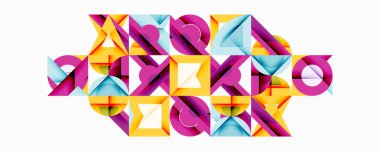 Soyut geometrik bileşim. Renkli şekiller kenetlenir, dinamik desen oluşturur. Canlı renkler, keskin açılar, modern tasarım estetiği. Karmaşık etkileşim formları büyüleyici görsel doku.