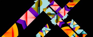 Soyut geometrik bileşim. Canlı renkler kesişiyor, siyah arkaplana karşı dinamik şekiller oluşturuyor. Açısal biçimler hareketi, derinliği ve modern estetiği akla getiriyor..