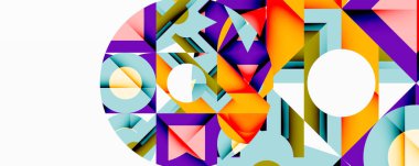 Soyut geometrik bileşim. Şekiller örtüşüyor, canlı görsel doku oluşturuyor. Renkler turuncu, mor, mavi, pembe, beyaz. Modern tasarım elementleri baskın.