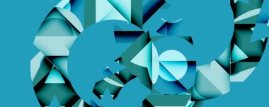 Soyut geometrik bileşim. Üst üste binen şekiller dinamik görsel efekt yaratır. Gölgeler turkuaz, deniz mavisi egemen tasarım. Modern, temiz estetik.