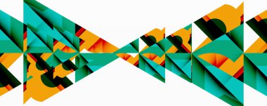 Soyut geometrik desen. Üçgen şekilleri tekrarlamak simetrik tasarım yaratır. Renkler arasında deniz mavisi, turuncu, siyah, kırmızı var. Modern dijital illüstrasyon. Minimalist estetik.