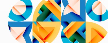 Soyut geometrik bileşim. Üst üste binen şekiller dinamik görsel efekt yaratır. Parlak mavi, turuncu, sarı baskın tasarım. Modern, temiz estetik.