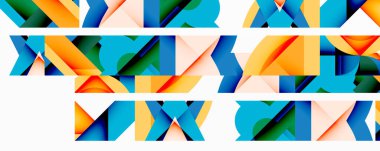 Soyut geometrik şekiller çakışıyor, canlı desenler yaratıyor. Turuncu, mavi, yeşil renkler kompozisyona hakim. Modern tasarım, temiz çizgiler, katmanlı elementler sunum dinamik görsel deneyim.