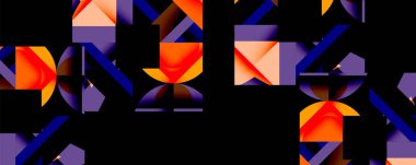 Soyut geometrik bileşim. Canlı turuncu, mor, mavi şekiller üst üste biniyor. Modern tasarım, dinamik desenler görsel ilgi yaratır. Minimalist estetik.