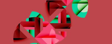 Soyut geometrik bileşim. Kesişen şekiller dinamik görsel efektler yaratır. Kırmızı, pembe, deniz mavisi renkleri dizaynda baskın. Modern estetik, temiz çizgiler, katmanlı şekiller.