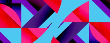 Soyut geometrik bileşim. Canlı üçgenler üst üste biniyor, eflatun, siyanür, mor, kırmızı renkler arasında dinamik etkileşim oluşturuyor. Modern tasarım, kalın şekiller, canlı renkler görsel alana hakim..