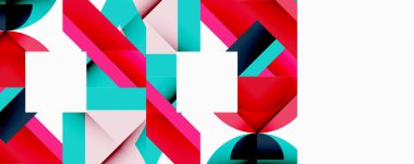 Soyut geometrik bileşim. Üst üste binen şekiller dinamik görsel efekt yaratır. Kırmızı, turkuaz, donanma renkleri beyaz arka plana hakim. Modern tasarım elemanları.