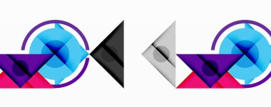 Daireler, üçgenler, mor, turkuaz, pembe renkler içeren soyut geometrik kompozisyonlar. Tasarımlar okları ya da yön öğelerini gösteriyor. Minimalist tarz, temiz çizgiler, modern estetik..