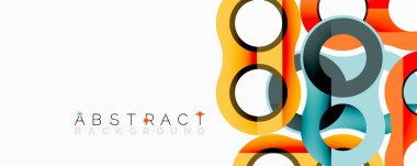 Modern soyut tasarım üst üste binen renkli daireler, dikdörtgenler. Parlak turuncu, deniz mavisi, gri renkler beyaz zemin üzerinde dinamik bir kompozisyon oluşturur. Minimalist estetik.