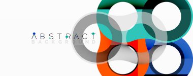 Renkli üst üste binen daireler dinamik soyut kompozisyon oluşturur. Modern tasarım şeffaf şekiller, canlı renkler ve temiz estetik içerir. Sunumlar ve web siteleri için mükemmel arkaplan.