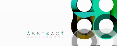 Soyut geometrik tasarım üst üste binen daireler ve kareler içerir. Teal, siyah, beyaz renkler kompozisyona hakim. Minimalist tarz, modern estetik. Temiz çizgiler, basit şekiller görsel ilgi yaratır..