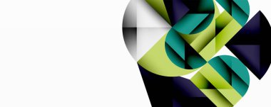 Soyut geometrik tasarım üst üste binen şekiller, gradyanlar. Renkler yeşil, deniz mavisi, deniz mavisi, siyah, beyaz. Modern estetik, temiz çizgiler, dinamik kompozisyon.