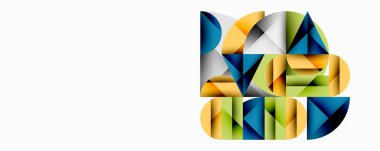 Soyut geometrik bileşim. Üst üste binen şekiller, dinamik görsel ilgi yaratır. Renkler mavi, yeşil, sarı, gri. Modern tasarım, temiz çizgiler, minimalist estetik.