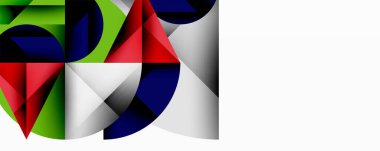 Soyut geometrik bileşim. Şekiller örtüşüyor, canlı renk blokları oluşturuyor. Kırmızı, yeşil, beyaz, mavi baskın tasarım. Modern estetik, temiz çizgiler, minimalist tarz..