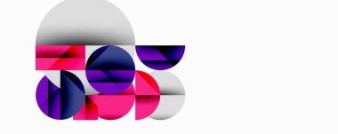 Soyut geometrik bileşim. Üst üste binen daireler, dikdörtgenler dinamik görsel efekt yaratır. Canlı mor, mor, donanma kontrastı, yumuşak gri, beyaz arkaplan. Modern tasarım.