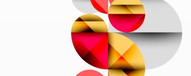 Soyut geometrik bileşim. Üst üste binen daireler, üçgenler dinamik görsel efekt yaratır. Sıcak kırmızılar, altın sarıları serin gri renkler. Minimalist tasarım, modern estetik.