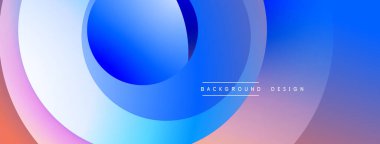 Soyut sıvı şekilleri örtüşür, parlak mavi, mor ve turuncu renkler yaratır. Yumuşak geçişler hareketi, modern tasarım estetiğini akla getiriyor. Minimalist kompozisyon.