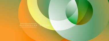 Soyut tasarım özellikleri üst üste binen şeffaf daireler. Renkler turuncu, sarı, yeşil, beyaz. Minimalist estetik modern görsel etki yaratır. Yumuşak eğimler derinliği artırır.