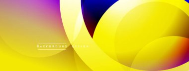 Soyut, enerjik tasarım, üst üste binen daireler. Kademeli geçişler mor, sarı, mavi renkleri harmanlayarak dinamik görsel efekt yaratır. Modern estetik arka planlar için uygundur.