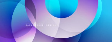 Soyut çakışan daireler canlı bir gradyan arkaplan oluşturur. Mavi, mor renkler düzgün bir şekilde harmanlanarak modern tasarım elementini oluşturur. Minimalist estetik, pürüzsüz geçişler.