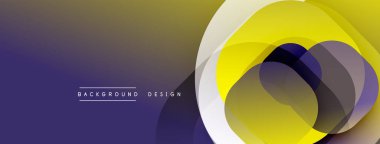 Soyut geometrik bileşim. Üst üste binen daireler, dinamik görsel ilgi yaratır. Koyu mordan altın sarısına geçiş dönemleri. Modern tasarım ögesi.