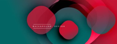 Soyut çakışan daireler dinamik bileşimler oluşturur. Teal, kırmızı, siyah renkler düzgün karışıyor. Modern tasarım derinliği, hareketi, görsel ilgiyi çağrıştırıyor. Minimalist estetik.