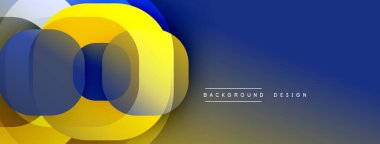 Soyut çakışan daireler dinamik bileşimler oluşturur. Mavi, sarı, gri renkler düzgün bir şekilde harmanlanır. Modern tasarım arka planlar, sunumlar, markalaşma materyalleri için uygundur. Temiz estetik.