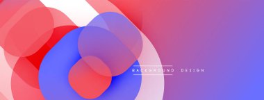 Üstüste binen şeffaf daireler içeren soyut bir kompozisyon. Renkler kırmızı, mavi, mor renkten modern görsel efekt yaratır. Minimalist tasarım arka planlar için uygundur.