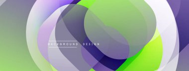 Soyut tasarım özellikleri üst üste binen şeffaf daireler. Renkler arasında mor, yeşil, beyaz, mavi gradyanlar vardır. Modern estetik, dijital arkaplan veya sunumlar için uygun.
