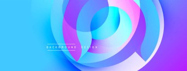 Soyut, enerjik çemberler dinamik bileşim oluşturur. Mavi, mor, pembe renkler düzgün bir şekilde harmanlanır. Modern tasarım arka planlar, sunumlar ve dijital sanat için uygundur..