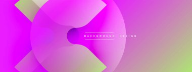 Soyut gradyan arkaplan özellikleri üst üste binen dairesel şekiller. Renkler canlı mordan yumuşak yeşile geçerek dinamik görsel efekt yaratır. Modern tasarım ögesi.