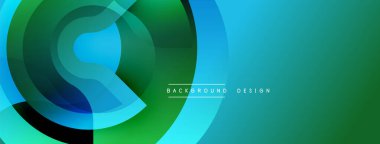 Soyut geometrik tasarım. Üst üste binen daireler dinamik görsel efekt yaratır. Yeşil tonlarda, mavi baskın kompozisyonda. Modern arkaplan dokusu.