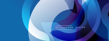 Soyut mavi tasarım, üst üste binen daireler oluşturarak dinamik görsel akış yaratıyor. Dereceli gölgeler derinlik sunar, modern estetik. Metin arkaplan tasarımı okur.
