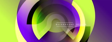 Soyut canlı tasarım, üst üste binen daireler, gradyanlar. Renkler arasında mor, yeşil, sarı, siyah. Modern estetik dijital arkaplanlar ve sunumlar için uygundur.